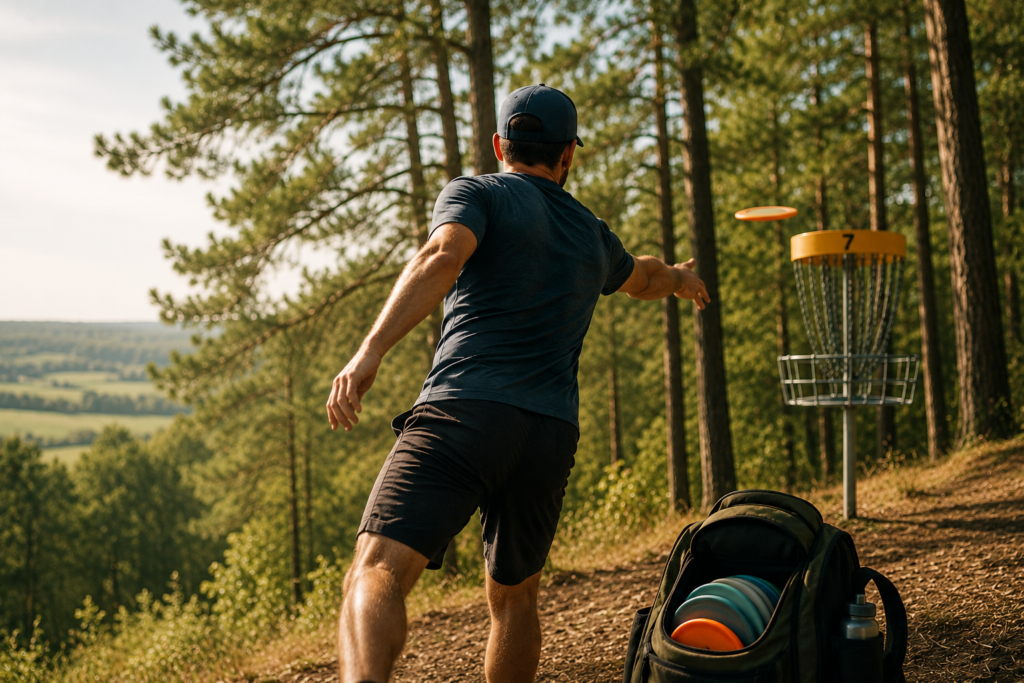 Disc golf player throwing on woodland course in Warwickshire