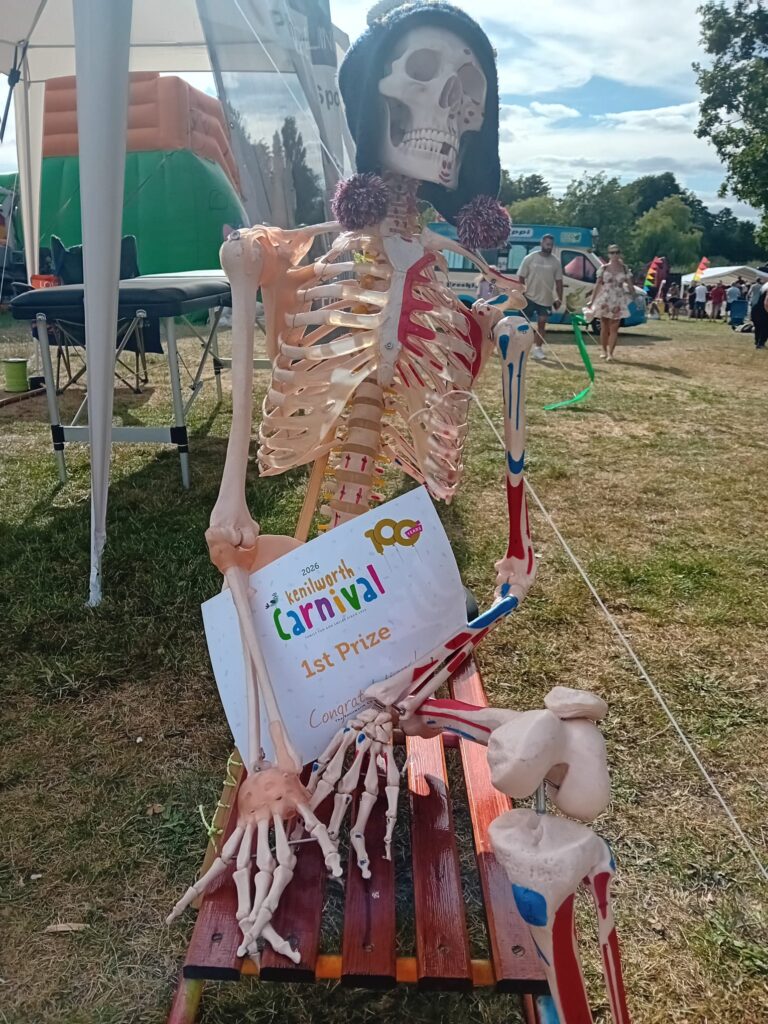 Freddie the skeleton accepting the 1st Prize at The Kenilworth Carnival 2026