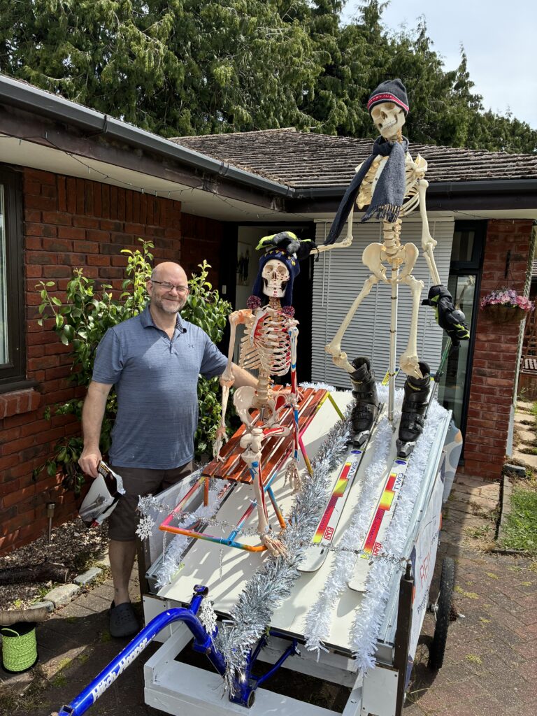 Image of the Kenilworth carnival float 2026 with Skiing Skeletons for the Reinge Physio Clinic in Kenilworth