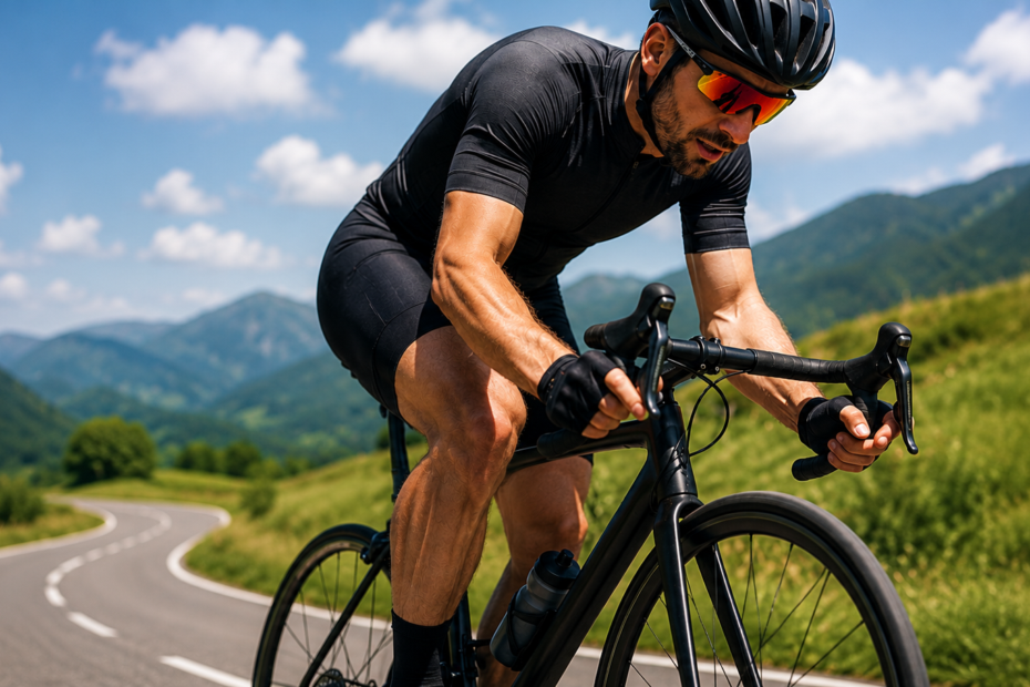 Road cyclist riding during a training ride illustrating cycling knee pain and biomechanical assessment.