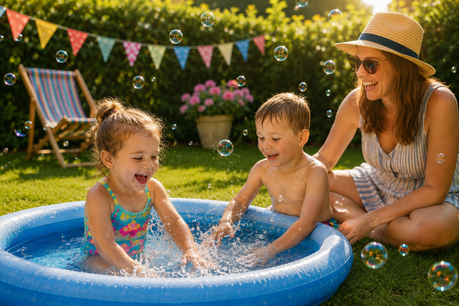 Family enjoying a sunny summer day in a paddling pool, illustrating how summer pain relief and physiotherapy can help people stay active and enjoy family activities.