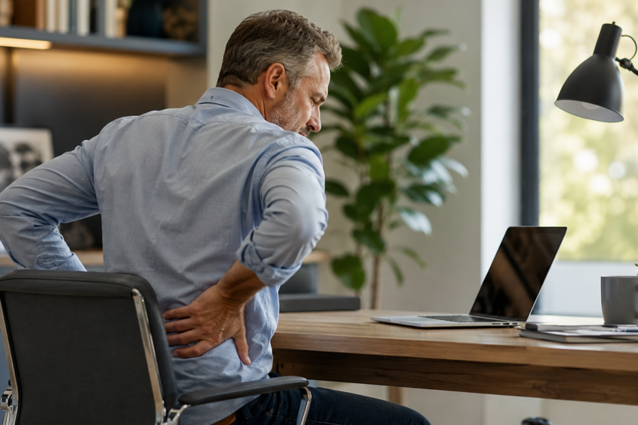Middle-aged man experiencing back pain while sitting at a desk in a home office.