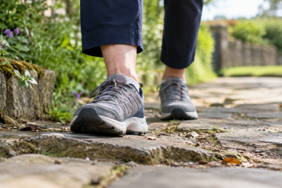 Older adult walking along an uneven pavement, showing how foot placement affects fall likelihood as we age.